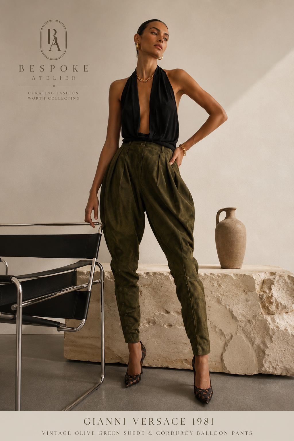 Vintage Olive Green Suede & Corduroy Balloon Pants by Gianni Versace, 1981 — curated by Bespoke Atelier
